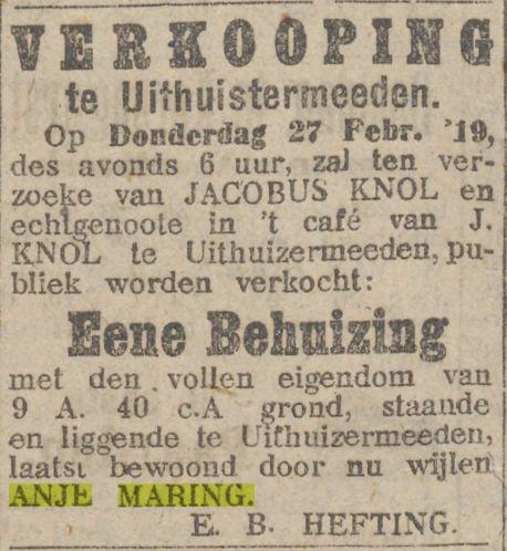 verkoop behuizing anje maring on 22 Feb 1919.